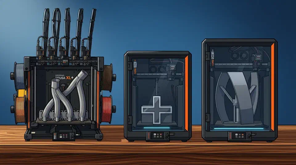 Prusa CORE One Gen 2, CORE One L+ and XL+ add GT1.5 belts, a nozzle wiper and a 20x faster tool sensor, and Prusa held the price on every model. Prusa XL+ toolchanger with five toolheads beside the enclosed CORE One+ Gen 2 and CORE One L+ printers on a workbench
