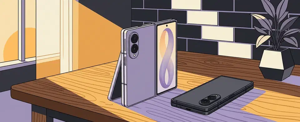 Galaxy Z Fold 8 review: the $1,900 foldable drops the telephoto lens, gains a wider 7.6-inch screen, a bigger battery and a near crease-free fold. Lavender Galaxy Z Fold 8 standing half open on a walnut desk beside a closed graphite unit showing its two rear lenses