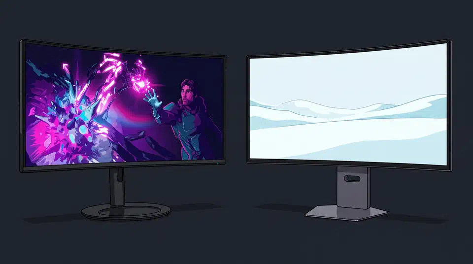 Alienware AW3926QW vs LG 39GX950B compared on subpixels, brightness, text sharpness, HDR modes, and a $700 price gap between two 39-inch 5K2K OLEDs. Alienware AW3926QW on its round base beside the LG 39GX950B on its hexagonal base, both curved ultrawide screens lit against a dark background