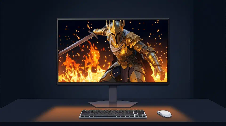 LG 27GM950B has 2,304 dimming zones on a 27-inch 5K mini LED panel. See the zone-per-pixel maths and whether the OLED sibling is the better desk buy. LG UltraGear evo 27GM950B monitor on a dark desk, screen showing a fiery HDR game scene lighting the keyboard below