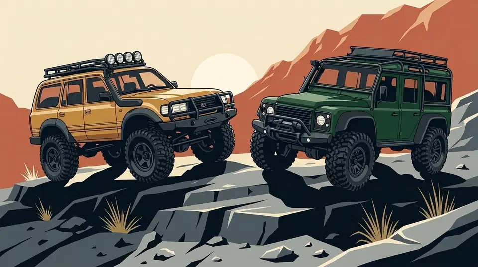 FMS FCX18 vs Traxxas TRX-4M compared on price, portal axles, two-speed gearbox, tires and real rock crawling. The $180 FCX18 wins out of the box. Gold FMS FCX18 Land Cruiser and green Traxxas TRX-4M Defender climbing a grey rock ledge at low sun