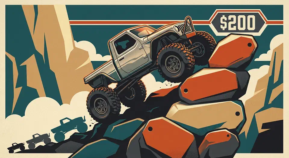 RC crawlers under $200 now include brushless, metal-body rigs. Compare 10 tested models by price, scale, and performance to pick the right one. An RC rock crawler with an aluminum body and portal axles climbing a stack of boulders shaped like price tags under a $200 line.